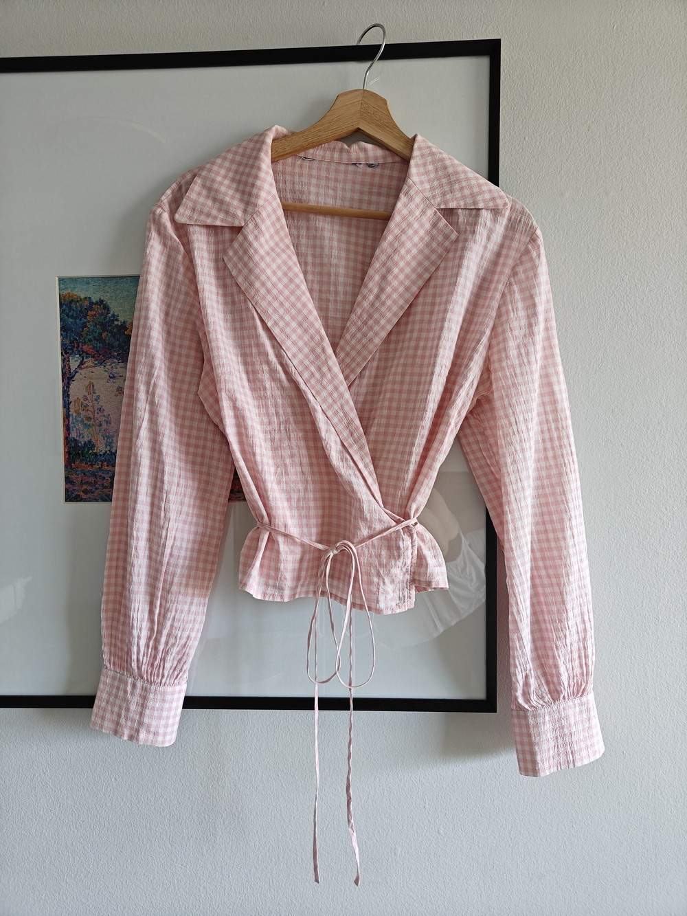 &Otherstories Seersucker Pink Gingham Wrap Blouse with Waist Tie